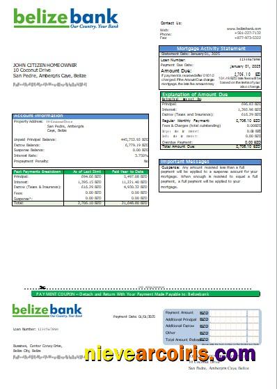 Belize Belizebank bank mortgage statement
